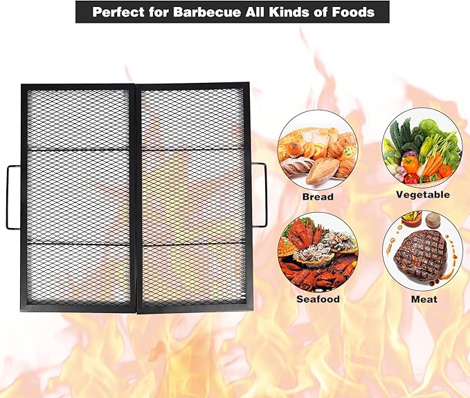 Lineslife 36 Inch Square Fire Pit Cooking Grill Grates, Folding Outdoor Campfire BBQ Grill Rack with Handles, Portable Outside Camping Gear Cookware and Accessory