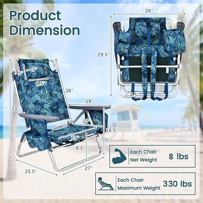 Tangkula Set of 2 Backpack Beach Chair, 5-Position Lay Flat Beach Chairs with Cooler Bag, 2 Cup Holders, Towel Bar, Lightweight Folding Beach Chair with Backpack Straps