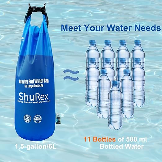 Gravity-Fed Water Bag for Sawyer Survival Water Filter Straw, 1.5 Gal Large Gravity Water Bladder Compatible with LifeStraw and Other Water Filter Straw, Foldable, BPA-Free (6L)