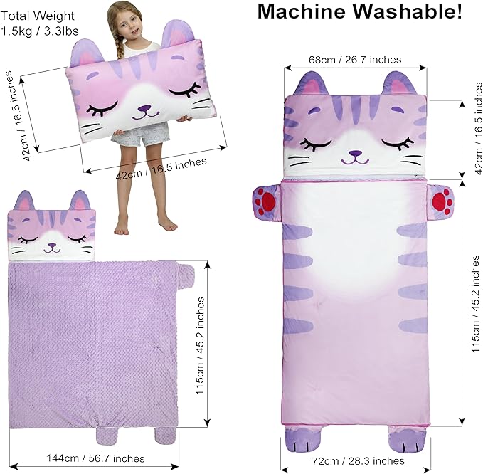 Kids Sleeping Bag, Toddlers Nap Mat, Girls Sleeping Mat for Daycare Preschool, Slumber Bag, Pillow, Blanket 3 in 1