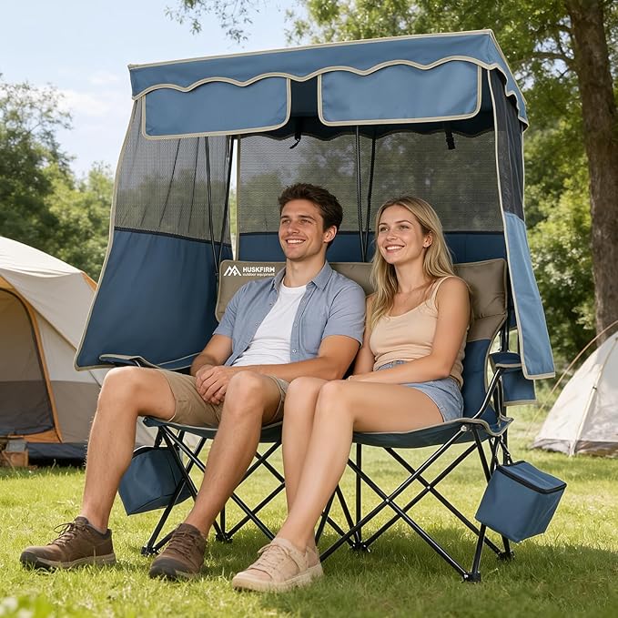 Double Beach Chair With Canopy Shade Camping Chair With Canopy Oversized Double Camping Chair With Canopy Folding Loveseat Chair With Two Cup Holders and Cooler Bag For Camping,Beach, Fishing