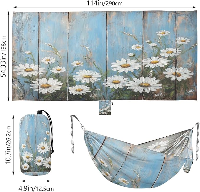 Wood Wall with White Daisies Camping Hammock Single Portable Hammocks 330 lbs Capacity with 2 Tree Straps and Attached Carry Bag,Perfect for Outdoor,Indoor,Beach,Camping,Travel
