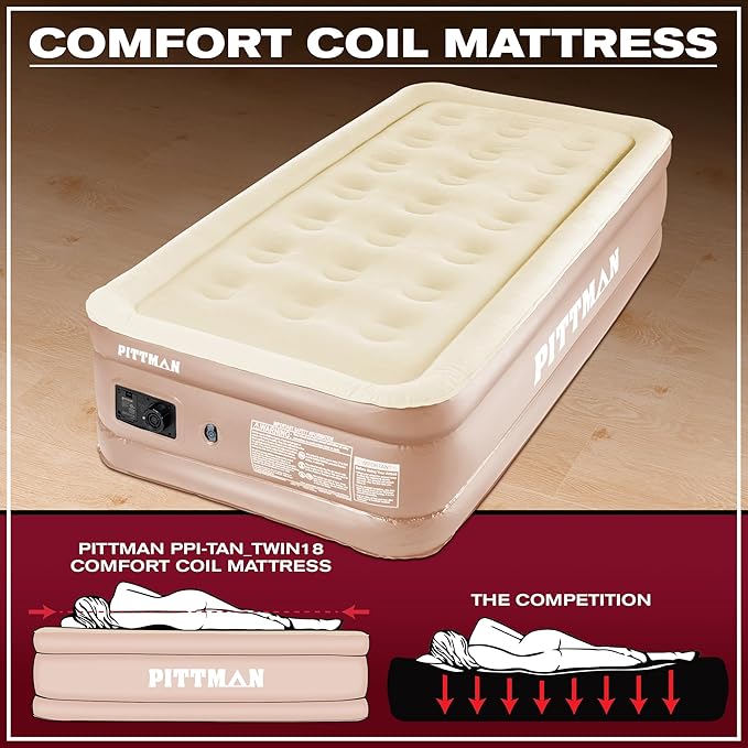 Pittman Outdoors - Tan 18" Luxury Double High Twin Air Mattress with Built in Pump - Premium Comfort Twin Size Blow up Mattress - 300lb Capacity - Ideal for Home Visits, Guests, Travel or Camping