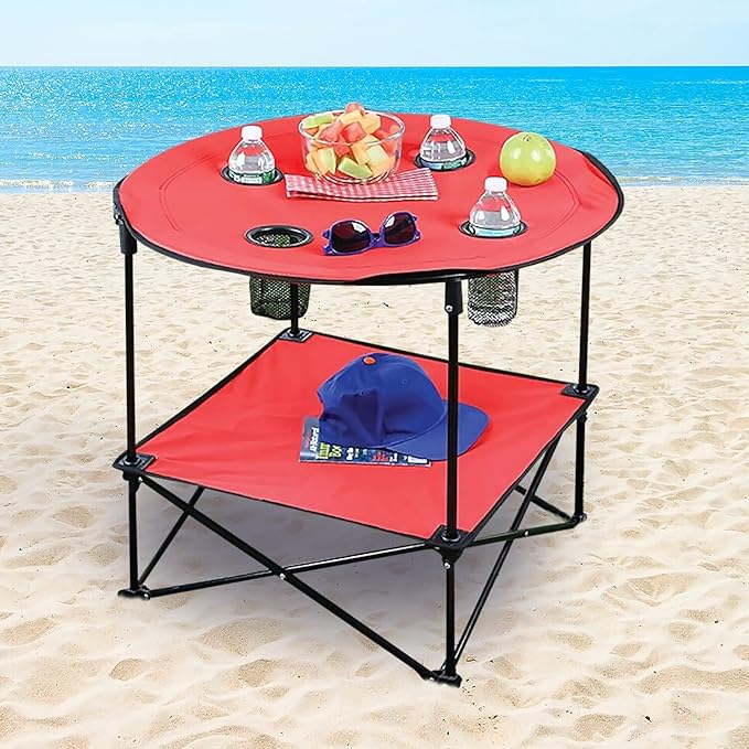 Etna Portable Camping Table Folding Camp 28 Inch Foldable Beach Outdoor with Cup Holders & Carry Bag for Camping, Beach, Backpacking, Tailgating, Patio, RV - Red (5075-RED)