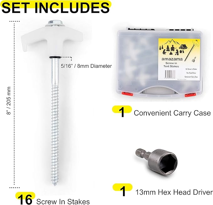 Tent Stakes - 16 Heavy-Duty Ground Screw Anchor Pegs - Galvanized - Non Rust - Perfect for Yard, Garden, Awning & Canopy - Glow-in-The-Dark Tops - Hex Tool & Carry Case - Gazebo - Accessories