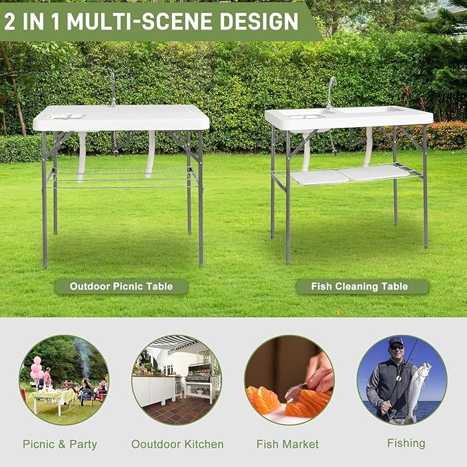 40" Folding Fish Cleaning Camping Table w/Faucet & Sink, Outdoor Portable Fillet Station w/Grid Frame, Knife Groove, Multifunctional Washing Table for Camping or Kitchen, White