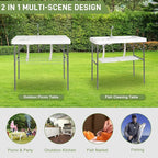 40" Folding Fish Cleaning Camping Table w/Faucet & Sink, Outdoor Portable Fillet Station w/Grid Frame, Knife Groove, Multifunctional Washing Table for Camping or Kitchen, White