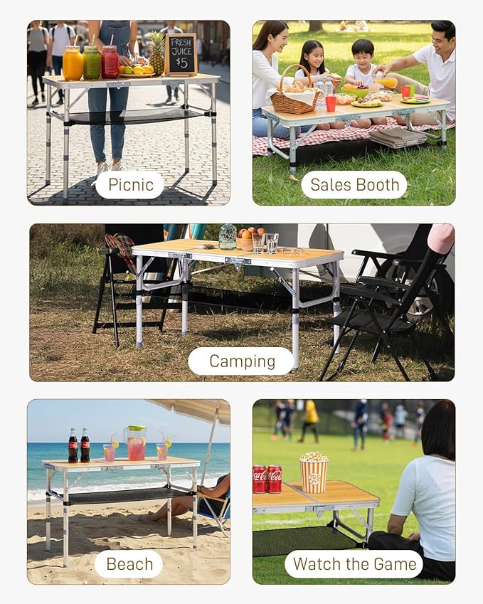 Outvita Folding Table, 3FT Aluminum Camping Table with Storage Adjustable Height Picnic Table Lightweight for Carring Outdoor Party Events Beach