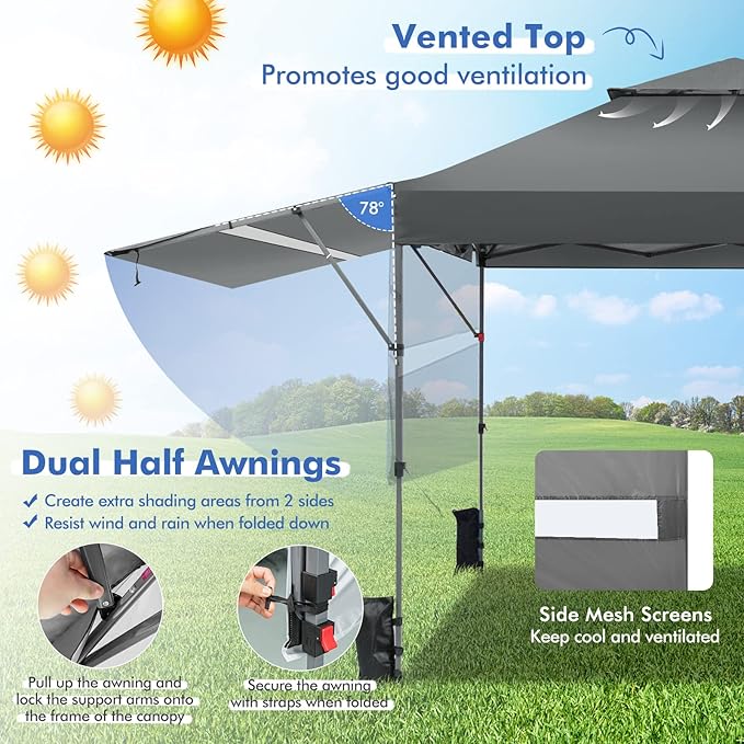 Tangkula 10x17.6 Ft Pop Up Canopy with Adjustable Dual Awnings, 2 Tier Outdoor Canopy Tent with 8 Stakes, 4 Ropes, 4 Sand Bags, Wheeled Bag, Easy Setup Instant Tent for Patio, Market, Picnic