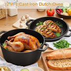 TLGREEN Cast Iron Dutch Oven Pot with Lid, Pot (6.7QT) and Lid as a Skillet(2.5QT) - Dutch Oven Cast Iron with Silicone Holders, Iron Stand, for Oven, Stove, Grill，Campfire