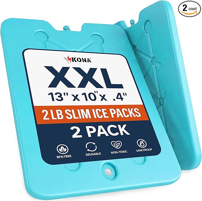 Kona XXL Ice Packs for Coolers – 2 lb Reusable Slim Freezer Packs, Long-Lasting Dry Ice Alternative for Cooler Bags, 13×10 Inch, Fast Freeze (-5 °C), Available in Multiple Pack Quantities