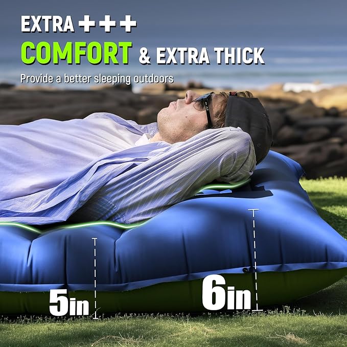 Sleeping Pad for Camping, 5 Inch Extra Thick Camping Sleeping Pad with Pillow Built-in Foot Pump, Lightweight Inflatable Sleeping Mat, Backpacking, Hiking, Tent
