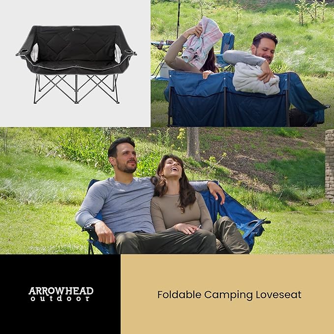 ARROWHEAD OUTDOOR Portable Folding Double Duo Camping Chair Loveseat w/ 2 Cup & Wine Glass Holder, Carrying Bag, Supports up to 500lbs