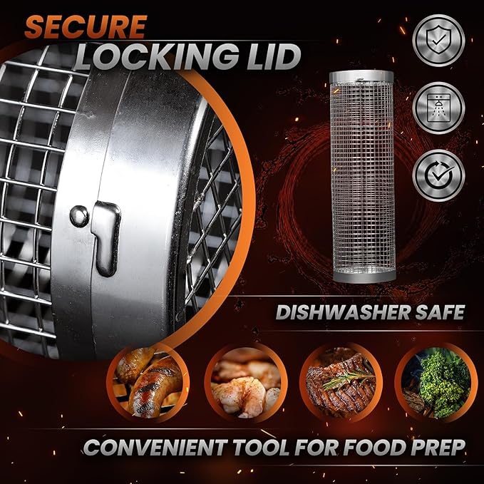 2PCS Rolling Grill Baskets for Outdoor Grill, Big Green Egg Accessories-Set Includes Fork, Hook, and Oil Brush-304g Stainless Steel-Perfect Gifts for Dad, Camping Must Haves, Unique Gifts