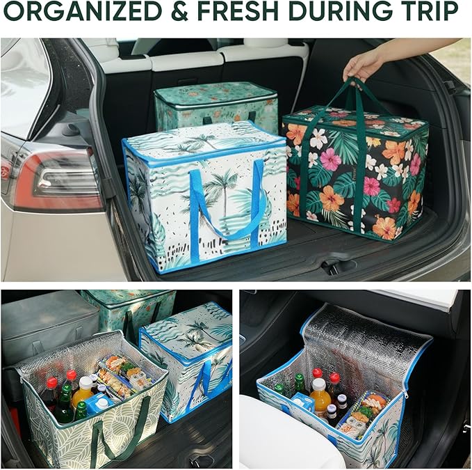 BALEINE 2PK Insulated Reusable Grocery Bags, Collapsible Cooler Bag for Groceries, Heavy Duty Large Insulated Bag (16''x9''x13'', Blossom Season)