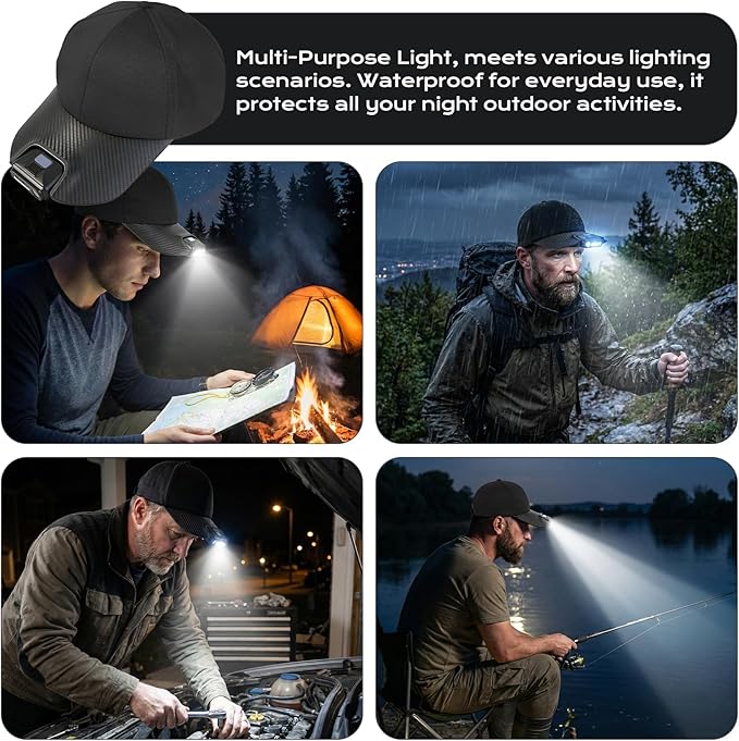 Clip On Light for Baseball Cap, Super Bright Rechargeable LED Headlamp Hat, 180° Adjustable Hands-Free Light, Waterproof Design for Running, Camping, Fishing, Hunting, Cycling