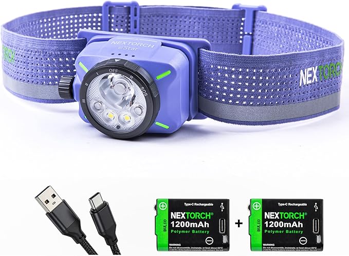 NEXTORCH eStar 1300 Lumens Headlamp Rechargeable, Running LED Headlight Extra Lightweight with Red Light, Waterproof Headband for Outdoor Camping Hiking Working, 2*1200 mAh, USB-C Charging, Purple