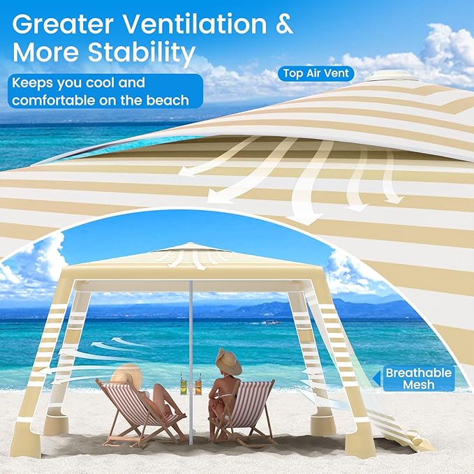 MoKo Beach Cabana, 8'×8' Large Beach Canopy with Side Wall, UPF 50+ Protection Easy Setup Beach Tent Sun Shelter, Adjustable Height Wind Resistant Cabana Beach Tent for Whole Family, Khaki Stripe