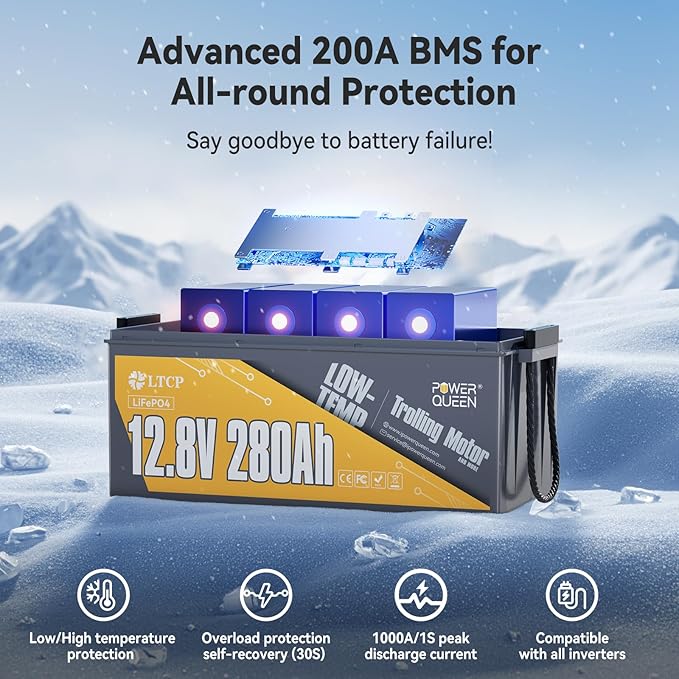 Power Queen 12V 280Ah PLUS LiFePO4 Battery Low-temp Protection Group 8D, Deep Cycle Lithium with 200A BMS, 3584Wh Energy, Up to 15000 Cycles for Truck, RV, Motor Home, Marine