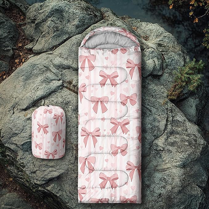 Pink Bow Sleeping Bag,Girly Princess Bowknot Camping Bag for Girls Kids,Pink and White Striped Lightweight Warm Portable Outdoor Indoor-Waterproof Cold Weather Resistant for Camping Hiking