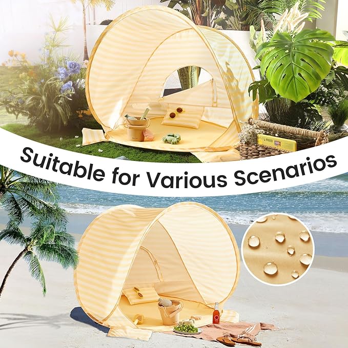Tiny Land Baby Beach Tent – Pop Up Baby Tent with UV Protection, Portable Baby Beach Essentials, 35.4"x27.6"x31.5" Sun Shelter for Infants, Baby Summer Outdoor Use (Pastel Yellow Stripes)