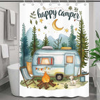 Happy Camper Small Stall RV Shower Curtain Rustic Tree Mountain Adventure Tent Camping Bathroom Curtains Travel Trailer Bathroom Accessories Set with Hooks 48 x 72 Inches