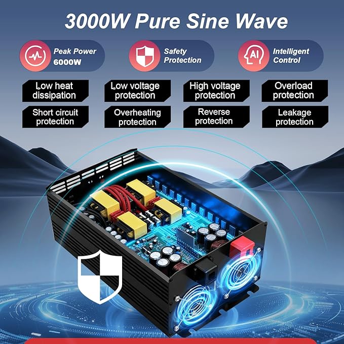 3000W Power Inverter 24V to 110V 120V AC Pure Sine Wave Inverter for RV Truck Camping,Outdoor Off-Grid Power Converter with LCD Display,Wired Controller,AC Outlets USB Ports(24V-3000Watts)