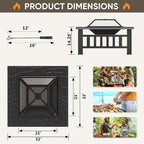 Greesum Multifunctional Patio Fire Pit Table, 32in Square Metal BBQ Firepit Stove Backyard Garden Fireplace with Spark Screen Lid and Rain Cover for Camping, Outdoor Heating, Bonfire, Dark Black