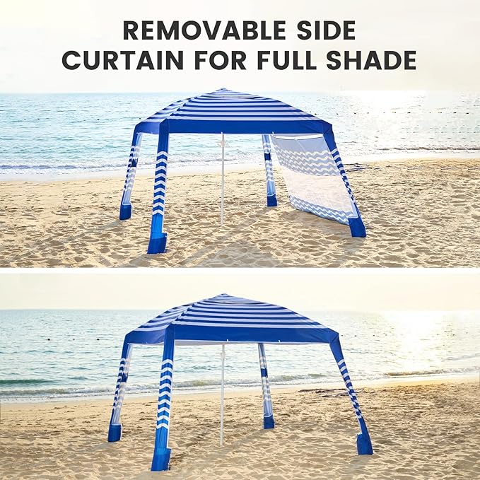 Zeraty Beach Cabana 8'×8', Portable Beach Canopy with Side Wall, Easy Pop Up UPF 50+ Silver-Coated Beach Tent Sun Shelter, Wind Resistant Adjustable Height Beach Umbrella Tent for Family, Navy Blue