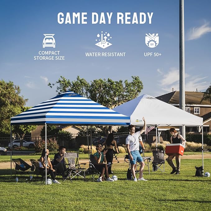 CROWN SHADES 10x10 Pop Up Canopy - Beach Tent with One Push Setup - Outdoor Sun Shade for Events, Parties, Camping - STO-N-Go Cover Bag, Silver Coated Top, 3 Height& 4 Sand Bags, Sky Blue Stripes
