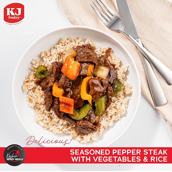 KJ Poultry Kosher Ready Meals - Beef Pepper Steak & Rice, MRE Meat Meals Ready to Eat (3 Pack) Prepared Entree Fully Cooked, Shelf Stable Microwave Dinner Travel, Military, Camping, Emergency Survival