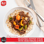 KJ Poultry Kosher Ready Meals - Beef Pepper Steak & Rice, MRE Meat Meals Ready to Eat (6 Pack) Prepared Entree Fully Cooked, Shelf Stable Microwave Dinner Travel, Military, Camping, Emergency Survival