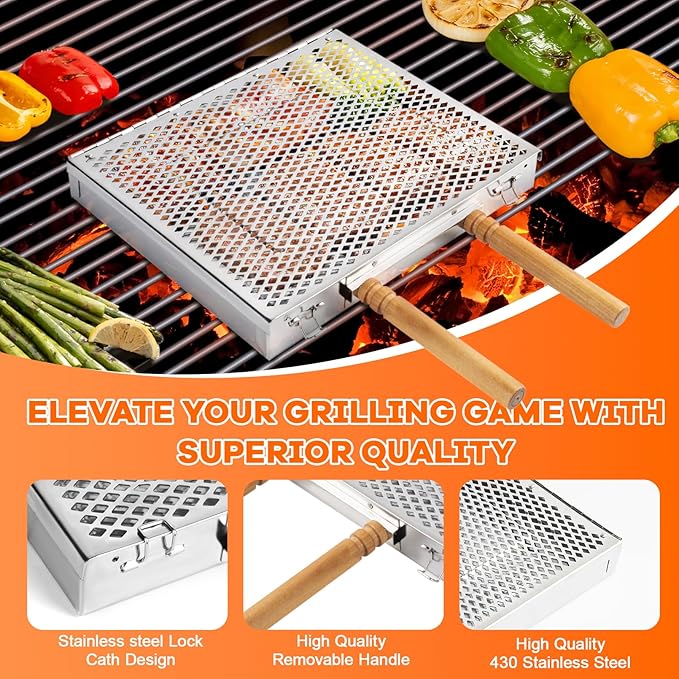 Grill Basket Set,Removable Wooden Handle,BBQ Vegetable Basket with Easy Open Lid,Food tongs,oil brush,Smoker Grilling Accessories for fish,Outdoor Cooking Camping, Birthday Gifts for Men Dad Husband