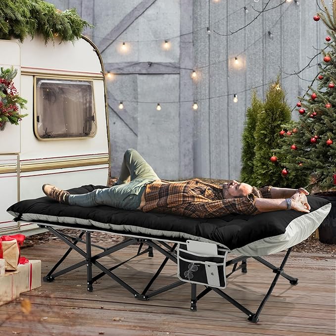 Portable Camping Cot, 32" Extra Wide Camping Cots for Adults with Thick Mattress, Heavy Duty Sleeping Cot Holds Up to 600LBS, Cots for Sleeping, Rv, Beach, Patio, Office Naps(Black)