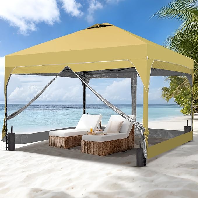 GDY 12x12 FT Pop Up Canopy Tent with One Push Setup,Setup Gazebo with 4 PVC Transparent Sidewalls,Easy Carry for Events, Parties, Camping, Khaki