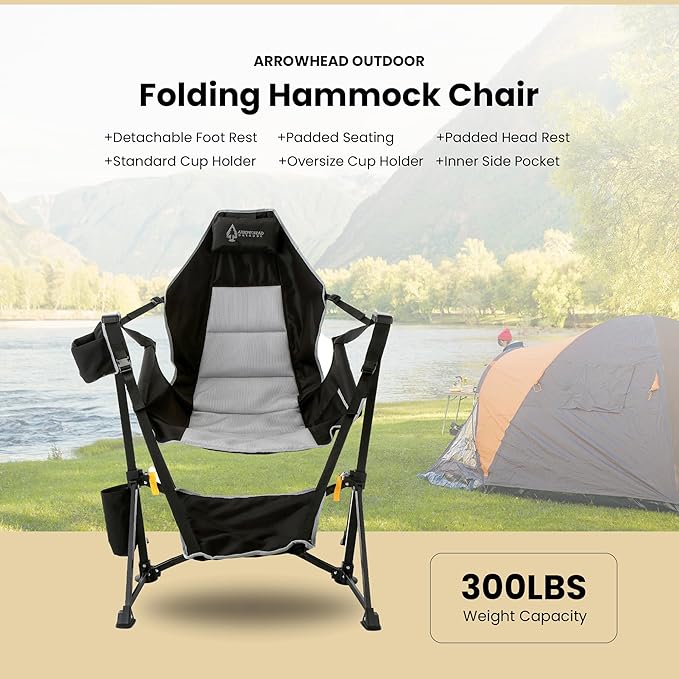 Arrowhead Outdoor Folding Hammock Camp Chair with Detachable Footrest, Stabilized Feet, Padded Headrest and Seat, Large Cup Holders, 300 LBS Weight Capacity, for Camping, Beach, Tailgating