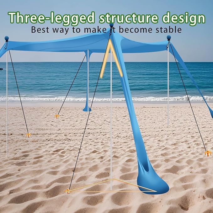 Beach Tent, Beach Canopy UPF50+ with Sandbags, Sand Shovels, Ground Pegs & Stability Poles, Outdoor Shade Camping Sun Shelter for Camping Trips, Fishing, Backyard Fun or Picnics
