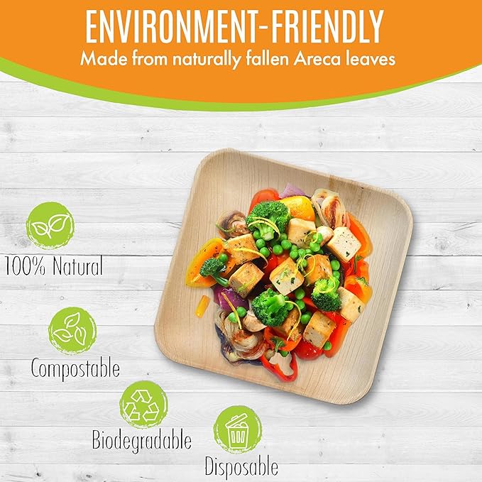 Raj Palm Leaf Plates [50-Pack] 7" Square Plates like Bamboo plates Disposable, Strong, Decorative Compostable Tableware for wedding, Lunch, Dinner, Birthday, Camping, Outdoor BBQ, Picnic