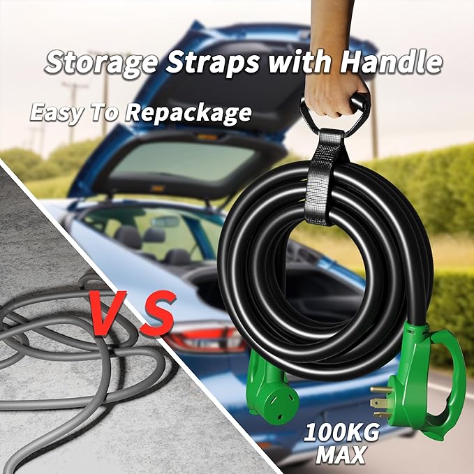100 FT 30 Amp RV Extension Cord Outdoor with Grip Handle, Flexible Heavy Duty 10/3 Gauge STW RV Power Cord Waterproof with Cable Organizer, NEMA TT-30P to TT-30R, Black-Green, ETL Listed