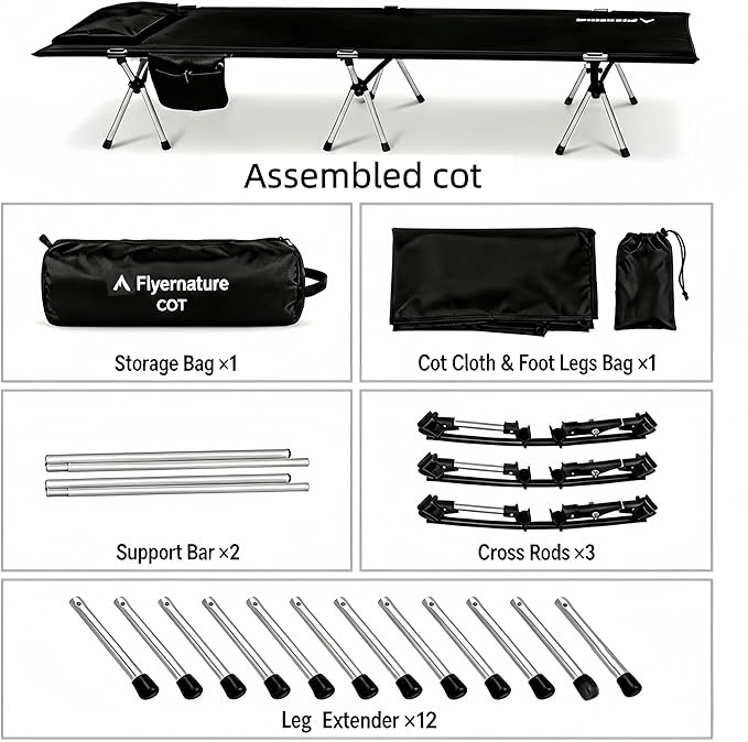 Camping Cot for Adults, Height Adjustable Sleeping Cot, Supports 300 lbs, Lightweight Compact Foldable for Backpacking, Hiking, Travel, Beach, Truck & Office Nap | Flyernature