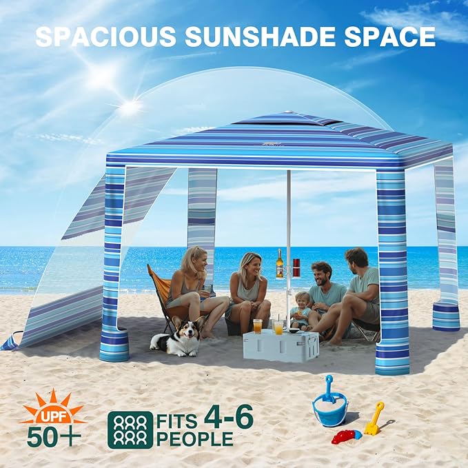 Rhino Valley Beach Cabana, 8 * 8FT Beach Tent UPF50+ Protection, Easy Setup Beach Canopy Wind Resistant with Cup Holder, Compact Beach Shade Foldable Beach Tent Sun Shelter, Blue Four Stripes