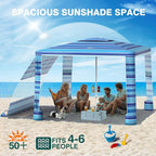 Rhino Valley Beach Cabana, 8 * 8FT Beach Tent UPF50+ Protection, Easy Setup Beach Canopy Wind Resistant with Cup Holder, Compact Beach Shade Foldable Beach Tent Sun Shelter, Blue Four Stripes