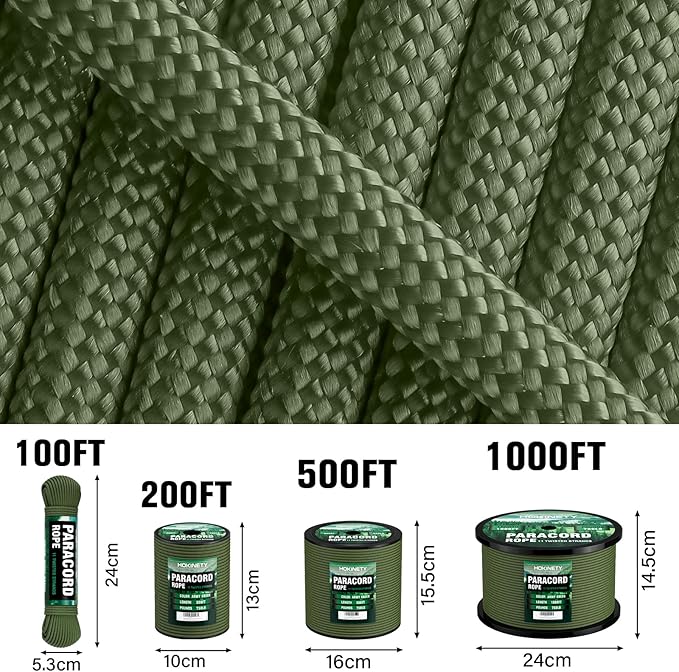 Paracord Rope 750 - Parachute para Cord 4mm 11 Strand Spool Rope Utility Nylon String for Outdoor Camping Survival Utility Tent Crafting DIY Projects - ArmyGreen 1000ft