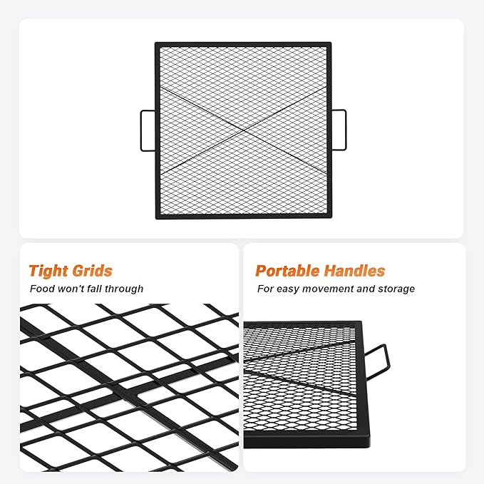 onlyfire Square Fire Pit Grill Grate, Heavy-Duty Steel Grate with Heat-Resistant Coating, Diamond Mesh & X-Marks Design for Outdoor BBQ, Camping, Backyard Gatherings - 30 inch