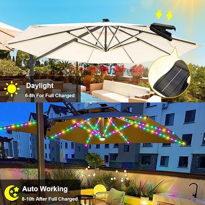 VOOKRY Solar Umbrella Lights Outdoor, Waterproof Solar Powered Patio Umbrella Lights 8 Strands Cordless 8 Modes LED Umbrella Patio Lights for Beach Tent Camping Garden Party Decoration(Multicolor)