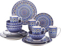 GaRcan Porcelain Dinnerware Set 16-Piece Bohemian Mandala Patterned Blue Porcelain Tableware Dinner Set with Dinner Plate,Dessert Plate,Bowl,Mug Dinnerware Set