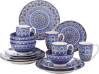 GaRcan Porcelain Dinnerware Set 16-Piece Bohemian Mandala Patterned Blue Porcelain Tableware Dinner Set with Dinner Plate,Dessert Plate,Bowl,Mug Dinnerware Set