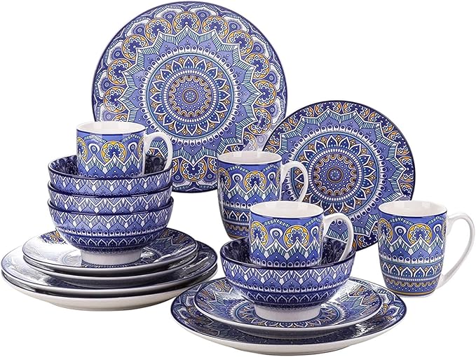 GaRcan Porcelain Dinnerware Set 16-Piece Bohemian Mandala Patterned Blue Porcelain Tableware Dinner Set with Dinner Plate,Dessert Plate,Bowl,Mug Dinnerware Set