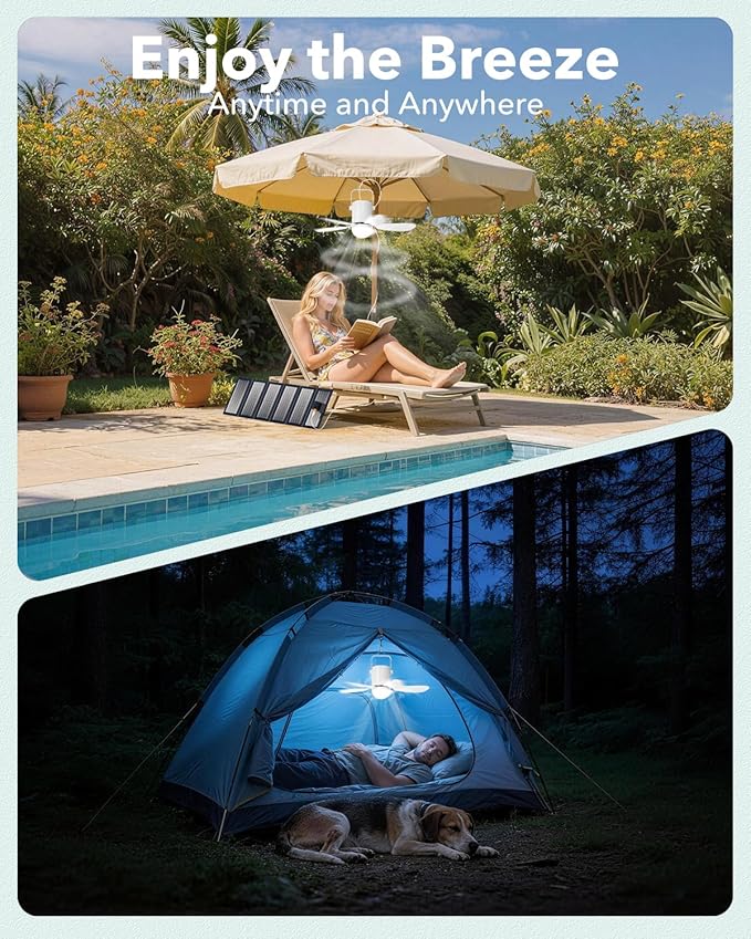 21” Solar Ceiling Fan Light, Battery Operated Camping Fan with Remote Contorl & 30W Portable Foldable Solar Panel, Rechargeable Gazebo Fan Light Outside for Tent Canopy Pergola Travel