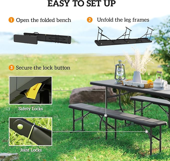 Outsunny 2-Pack 6 Ft. Plastic Folding Benches, Portable Foldable Bench Seats with Carrying Handle, Non-Slip Mat, HDPE Tabletop, Picnic Benches for Camping Dining Picnic BBQ Sports, Black